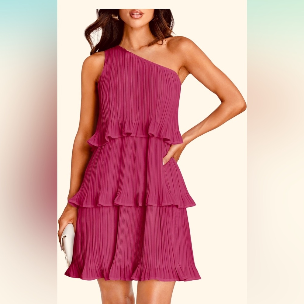 Mini Dress Boho One Shoulder Ruffle Tiered Layered Chiffon Flowy A Line Dresses